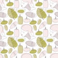 Seamless pattern with hot stones, candles, tropical leaf, woman's face In fashionable style in pastel tones. Beauty spa