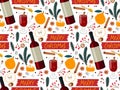 Seamless pattern with Hot winter holiday drink. Merry Christmas. Drink glass with ingredients for recipe, fruits and