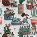 Seamless pattern about houseplant. Little cartoon beavers take care about green plants in pots