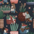 Seamless pattern about houseplant. Little cartoon beavers take care about green plants in pots