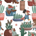 Seamless pattern about houseplant. Little cartoon beavers take care about green plants in pots