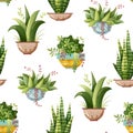 Seamless pattern. Houseplant plant growing in pots. Set of handmade home plants isolated on white background. Cartoon Royalty Free Stock Photo