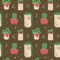 Seamless pattern with houseplants in creative ceramic pots.