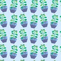 Seamless pattern with houseplants. Indoor plant in blue pot with drawn human face. Wavy composition on light blue background.