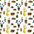 Seamless pattern with houseplants, watercolor.