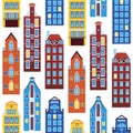 Seamless pattern with houses of amsterdam or europe isolated on white background for printing on fabric or textile, flat vector