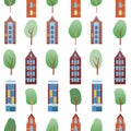 Seamless pattern with retro amsterdam houses and green trees as texture or background, flat vector stock illustration with europe