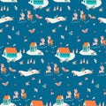 Seamless pattern with houses and bambi