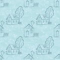 Seamless pattern, houses contours and trees