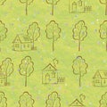 Seamless pattern, houses contours and trees