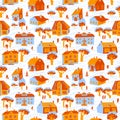 Seamless pattern with houses. Cute town vector illustration. Arc