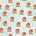 Seamless pattern with houses and ivy branches, plants, English old house, Scandinavian traditions Royalty Free Stock Photo