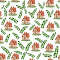 Seamless pattern with houses and ivy branches, plants, English old house, Scandinavian traditions Royalty Free Stock Photo