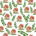 Seamless pattern with houses and ivy branches, plants, English old house, Scandinavian traditions Royalty Free Stock Photo