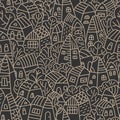 Seamless pattern with houses and trees. Cartoon doodles hand drawn town. Vector illustration. Monochrome Royalty Free Stock Photo