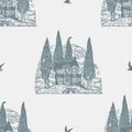 Seamless pattern with houses and trees on hills Royalty Free Stock Photo