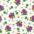 Seamless pattern with houses and trees on a white background