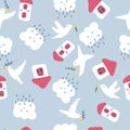 Seamless pattern with houses, white doves and rainy clouds. World peace theme print for T-shirt, textile and fabric. Hand drawn Royalty Free Stock Photo