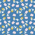 Seamless pattern with houses, white doves and rainy clouds. World peace theme print for T-shirt, textile and fabric. Hand drawn Royalty Free Stock Photo