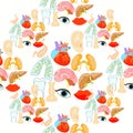 Seamless pattern with a human heart organ, lungs, liver, brain,