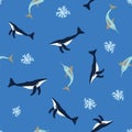 Seamless pattern of humback whales, fish and corals on a blue background.