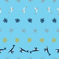 Seamless pattern of humback whales, fish, corals, and starfish on a blue background. Vector illustration.