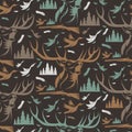 Seamless pattern for hunting theme. deer, duck, gun, bird a