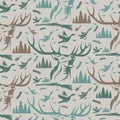 Seamless pattern for hunting theme. deer, duck, gun, bird a