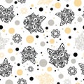 Seamless pattern with husky dog`s head stylized Maori face tattoo, circles and stars