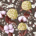 Seamless pattern with Hydrangea, cotton flowers, eucalyptus branches. Vector illustration