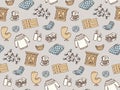 Seamless pattern with Hygge concept and cozy home things like candles, socks, blanket, tea, fireplace. Danish living concept.