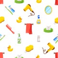 Seamless Pattern With Hygiene Items, Fan, Soap, Towel And Toothpaste With Toothbrush, Mirror, Sponge And Duck Toy Royalty Free Stock Photo