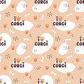 Seamless pattern with I love corgi letterings. Abstract background. Vector Royalty Free Stock Photo