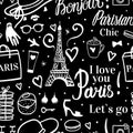 Seamless pattern I love Shopping in Paris airport. Eiffel Tower fashion illustration. Handdrawn white vector on black background. Royalty Free Stock Photo