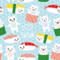 Seamless pattern. I love sushi. Kawaii funny Sushi set and white cute cat with pink cheeks and eyes, emoji. Baby blue background w