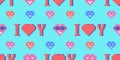 Seamless pattern with I love you and pixel hearts on blue, vector