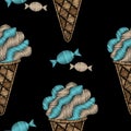 Seamless pattern with ice cream and candy embroidery stitches