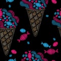 Seamless pattern with ice cream and candy embroidery stitches