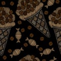 Seamless pattern with ice cream with coffee and candy embroidery