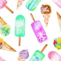 Seamless pattern with the ice cream cone, frozen juice lolly, hand drawn in a watercolor on a white background Royalty Free Stock Photo