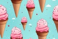 seamless pattern of ice cream cones with pink frosting on a blue background Royalty Free Stock Photo