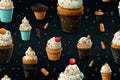 seamless pattern with ice cream cones and sprinkles on a black background Royalty Free Stock Photo