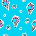 Seamless pattern with ice-cream, cupcake and heart shape on a blue background. Vector cartoon summer illustration.