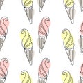 Seamless pattern, ice cream, black contour with colored spots in pastel colors. Print, textile, wallpaper. Royalty Free Stock Photo