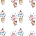 Seamless pattern, ice cream of different types, black contour with colored spots in pastel colors. Print, textile Royalty Free Stock Photo