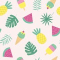 Seamless pattern with ice cream, fruit, tropical leaf