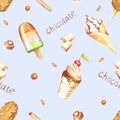 Seamless pattern with ice cream. Hand draw watercolor illustration