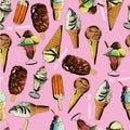 seamless pattern ice cream. Hand drawn dessert background. Swee