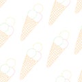 Seamless pattern of ice cream in a horn. Cold dessert on a white background. Hand drawing in cartoon style. Vector