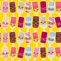 Seamless pattern ice cream, ice lolly Kawaii with pink cheeks and winking eyes, sunglasses, pastel colors on yellow orange backgr Royalty Free Stock Photo